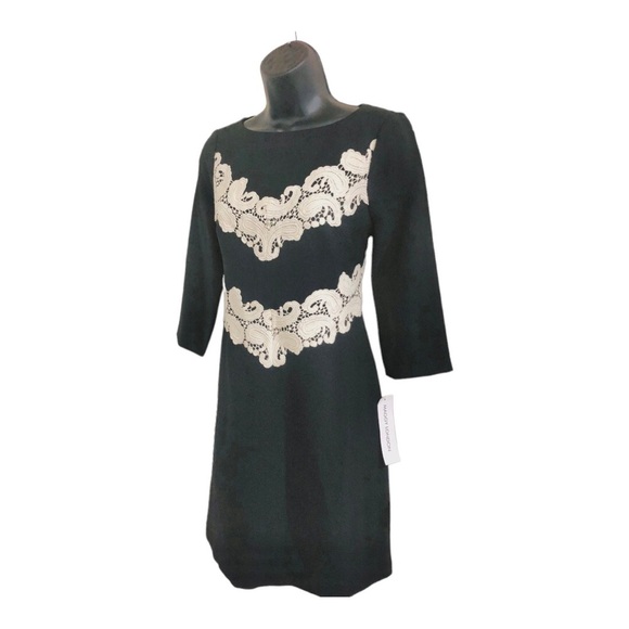 Maggy London black mod A-line style embroidered crochet mid sleeve dress size‎ 4 - Picture 2 of 15